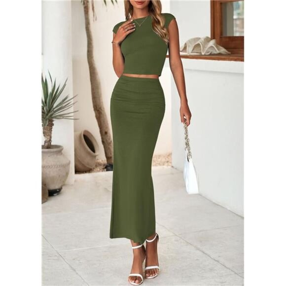 Skirt Sets Women 2 Piece Outfits Green - Picture 6 of 6